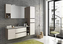 Mobile da bagno colore Rovere Tranche , specchio con luci a led, Misura: L.165 P.46/35 cm, Top bianco, Lavabo In Ocritech C/Vasca Integrata