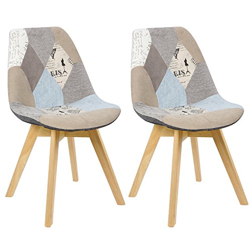 WOLTU BH29pw-2 Sedie per Sala da Pranzo Sedia da Scrivania con Schienale Rivestito in Tessuto di Lino Patchwork Gambe Legno Moderno 2 Pezzi