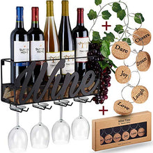 Portabottiglie Parete in Metallo per Bottiglie Vino, con 4 Supporti per Bicchieri A Stelo Lungo E Scomparto per Tappi in Sughero