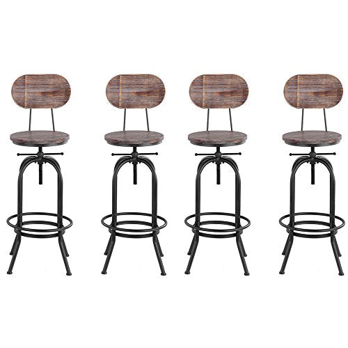 IKAYAA Sgabello Industriale, Set di 4 Sgabelli da Bar, Industrial Style Bar Sgabello Altezza Regolabile Girevole Cucina Sedia da Pranzo Pinewood Top + Metallo con Schienale (4 Pezzi)