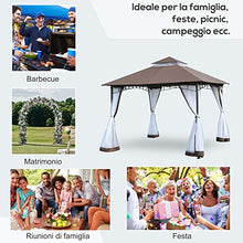 Outsunny Gazebo da Giardino 3x3m con Zanzariera, Tetto a 2 Livelli in Poliestere Struttura in Metallo Marrone