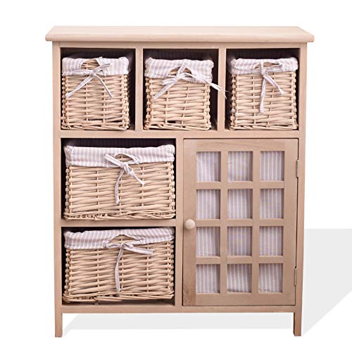 Rebecca Mobili Credenza salvaspazio, cassettiera con 1 Anta 5 ceste di Vimini, Legno paulonia, Beige, Stile Country, arredo Bagno Cucina - Misure: 70 cm x 60 cm x 30 cm (HxLxP) - Art. RE4444