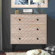 Comodino con 3 cassetti con maniglie in metallo e corridori, unico pannello posteriore e design unico a zig zag