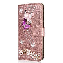 Miagon Diamante Custodia per Xiaomi Redmi 9A,Brillante Glitter Farfalla Fiore Portafoglio in Pelle PU Cuoio Caso Carte di Slot Cover Protettiva,Oro Rosa
