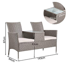 Casaria Panchina da Giardino Polyrattan 2 Posti Tavolino Vetro Cuscini Idrorepellenti 7cm Tortora