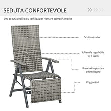 Outsunny Sedia Sdraio da Giardino Pieghevole Reclinabile in Rattan PE con Braccioli e Poggiapiedi, 59x68x107cm Grigio