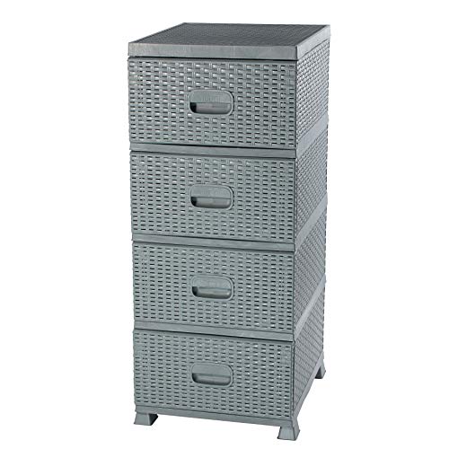 ADGO Comò con 4 cassetti, in rattan, per camera da letto, armadio, in plastica, 38 x 45 x 90 cm, grigio