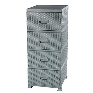 ADGO Comò con 4 cassetti, in rattan, per camera da letto, armadio, in plastica, 38 x 45 x 90 cm, grigio