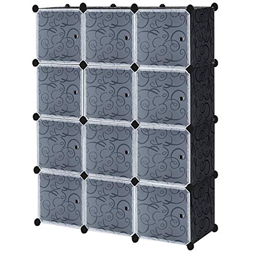 AufuN - Armadio in plastica, sistema di scaffalatura fai da te con 12 cubi con ante, colore nero