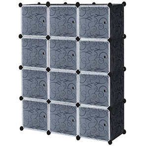 AufuN - Armadio in plastica, sistema di scaffalatura fai da te con 12 cubi con ante, colore nero