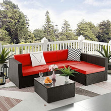 MengFeiNi 5 PCS Patio Mobili Set Divano Componibile All'aperto con Tavolo Tutti I Meteo in Rattan Vimini Cuscini Lavabili Conversazione per Portico Giardino Cortile Bordo Piscina Balcone,Rosso
