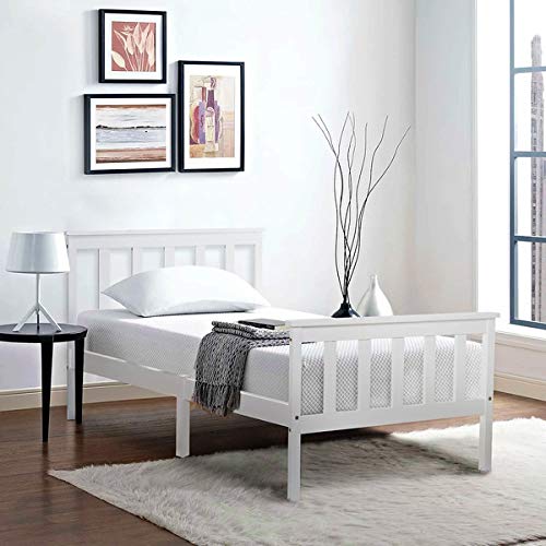 Letto singolo in legno di pino massiccio, con rete a doghe e testiera, 90 x 200 cm, colore: bianco