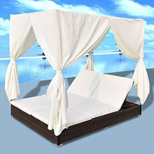 Festnight Lettino Prendisole Letto Matrimoniale Prendisole Reclinabile a Baldacchino con Tende in Polirattan Marrone/Nero da Mare/Picsina/Giardino/Patio per Esterni 197 x 140 x 180 cm