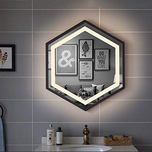 Specchio 70x80 cm Specchio Illuminato a LED, Specchio per Il Trucco Esagonale in Acciaio Inossidabile con Bordo, lavabo/Bagno/Camera da Letto/Ingresso Verticale Orizzontale