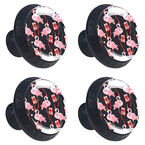Set di 4 maniglie rotonde per armadio da cucina, credenza, cassettiera, cassettiera, con viti, per cucina, comò, armadietto, bagno, armadio, cappello di Natale rosa rosso con motivo fenicottero