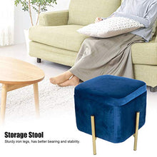 Sgabello Contenitore in flanella con vano portaoggetti e coperchio, Pouf Poggiapiedi Ottomano quadrata con robuste gambe in ferro, Portante 80 kg, per Camera da Letto Soggiorno, 37x37x42cm(Blu Scuro)