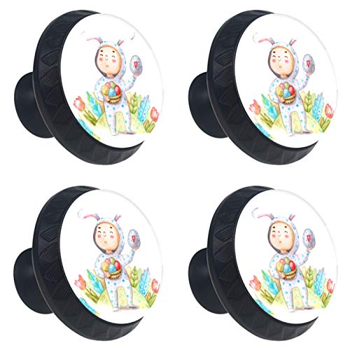 Set di 4 maniglie rotonde per armadio da cucina, credenza, cassettiera, cassettiera, con viti, per cucina, comò, armadietto, bagno, armadio, acquerello ragazzo prendere uova di Pasqua