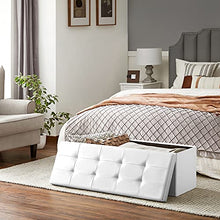 SONGMICS Pouf Contenitore, Cassapanca Contenitore da 120 Litri con Coperchio Ribaltabile, con Sedile Imbottito e Supporto in Metallo, Pieghevole, 110 x 38 x 38 cm, Bianco LSF75WT