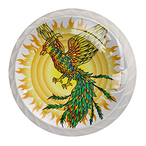 Manopole per cassetti in cristallo di vetro, con design multiplo per cassettiere, armadi, comodini, librerie, disegnate a mano, motivo: uccello e sole fiammeggiante