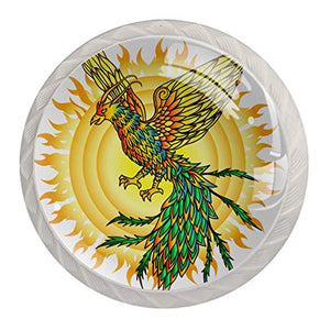 Manopole per cassetti in cristallo di vetro, con design multiplo per cassettiere, armadi, comodini, librerie, disegnate a mano, motivo: uccello e sole fiammeggiante