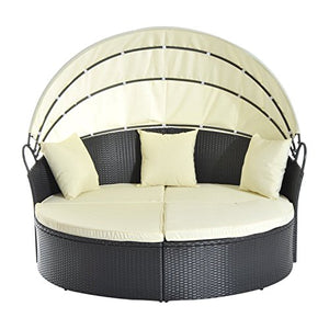 Outsunny Set di Mobili da Giardino in Rattan Tenda Parasole 1 Lettino 1 Poggiapiedi 3 Cuscini Quadrati e 4 Cuscini Poliestere-180g/m² Crema, Nero Max:180Kg 171x180x78cm