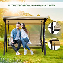 Outsunny Dondolo da Giardino 3 Posti in Metallo con Tetto Inclinabile e Cuscini Imbottiti 280x120x172cm, Beige