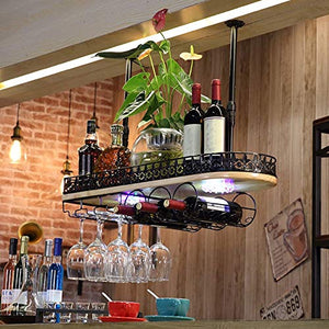 HLL Wine Rack, Sospensione bottiglie Supporto con luci multifunzione in massello calice di visualizzazione Ripiani,Nero,80 cm