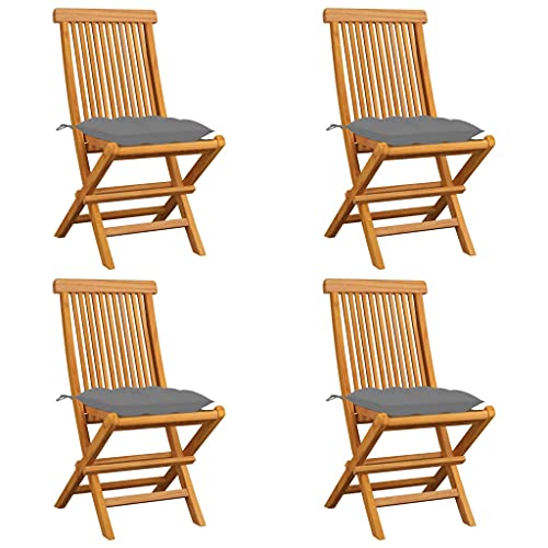 vidaXL Sedie da Giardino con Cuscini Grigi 4 pz Massello di Teak