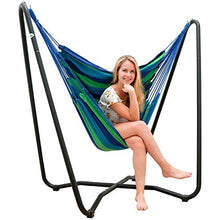 AMANKA Set Sostegno di Acciaio 175x100x155cm incl Amaca di Cotone per sedersi sdraiarsi Max 150Kg a Righe Blu Verdi