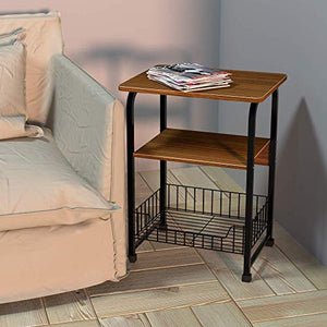 Tavolino quadrato in legno con gambe in ferro battuto con pannello in legno e ripiano/cassettiera con griglia