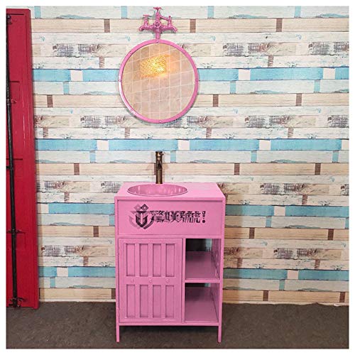 YRRA Autoportante Stoccaggio Mobile Lavabo, Stile Industriale Mobile lavabo Esterno, Mobile Bagno con Lavabo, Vintage 23,6 x 17,7 33,4 Pollici,Rosa,Sink+Mirror