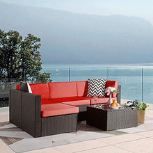 MengFeiNi 5 PCS Patio Mobili Set Divano Componibile All'aperto con Tavolo Tutti I Meteo in Rattan Vimini Cuscini Lavabili Conversazione per Portico Giardino Cortile Bordo Piscina Balcone,Rosso