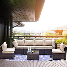 Set di Mobili Patio 7 Pezzi Set Sofà PE Set di Divano in Rattan Set Marrone Conversazione con Conversazione in Vimini Manuale con 6 Cuscini di Seduta Sabbia E 1 Tavolino in Vetro Temperato