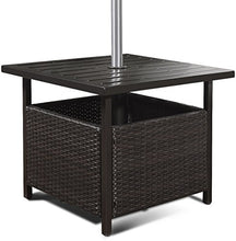 DREAMADE Tavolino in Rattan da Giardino con Foro per Ombrellone, Tavolo di Vimini da Esterno, Tavolino in Resina con Telaio in Acciaio, Marrone Scuro