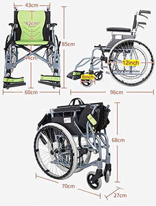 FTFTO Accessori per la casa Sedia a rotelle Leggera Pieghevole per Anziani disabili 11,5 kg Sedile Portatile da 43 cm con Freni per Allattamento e Freno a Due Mani Lega di Alluminio Verde