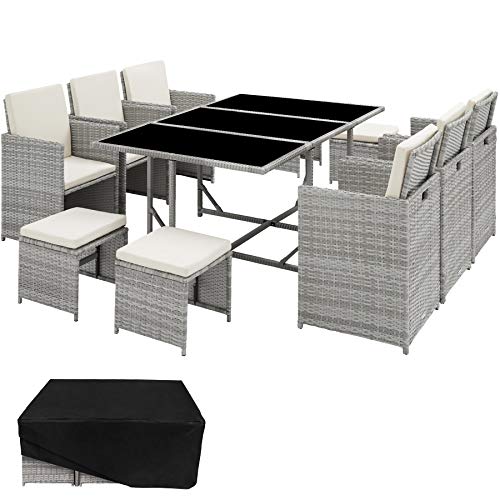 TecTake 800821 Set di Mobili Poli Rattan, Arredamento da Giardino, 6X Sedie 1x Tavolo con 3 Lastre di Vetro 4X Sgabelli, Involucro Protettivo, Nuovo (Grigio Chiaro)