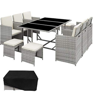 TecTake 800821 Set di Mobili Poli Rattan, Arredamento da Giardino, 6X Sedie 1x Tavolo con 3 Lastre di Vetro 4X Sgabelli, Involucro Protettivo, Nuovo (Grigio Chiaro)