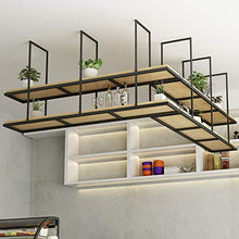 Porta bottiglie da vino Mensola a soffitto a 2 livelli Portabottiglie in legno retrò Scaffale decorativo a sospensione LOFT Mobile pensile industriale multifunzionale in ferro battuto per Ristorante/