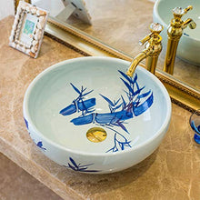 Lavabo da Bagno a Prova di Spruzzi d'Acqua in Ceramica per Hotel con Contenitore lavabo in Ceramica Bianco e Blu Rotondo Lavandini Bagno
