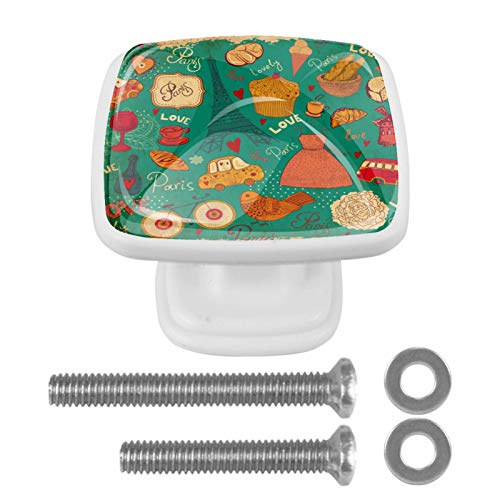 Set di 4 maniglie rotonde per armadio da cucina, credenza, cassettiera, cassettiera, con viti, per cucina, comò, credenza, bagno, armadio, vintage, retrò, Torre Eiffel