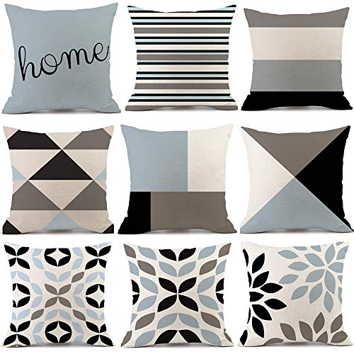 Noble Createaprototype , Confezione da 9 Federe Geometrici Colorati Federa Cuscini Copriguanciali in Lino, Cuscino Copricuscini Decorativi Fodere Quadrate, per Divano Camera da Letto Casa 45X45cm