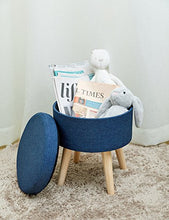 Suhu Puffo Sgabello in Tessuto Pouf Ottoman Contenitore Rotondo Pouff Poggiapiedi Salotto Puff per Bambini Piedi in Legno Blu