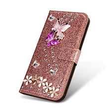 Miagon Diamante Custodia per Xiaomi Redmi 9A,Brillante Glitter Farfalla Fiore Portafoglio in Pelle PU Cuoio Caso Carte di Slot Cover Protettiva,Oro Rosa