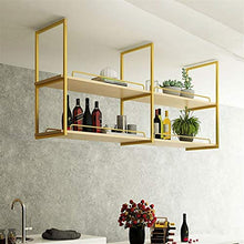 Scaffale Decorativo per Soffitto in Ferro Stile Europeo da Appendere Scaffale da Soffitto in Legno Massello da Appendere ， Ripiani per Bar/Ristoranti/Cucine ， Oro/Nero