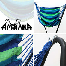 AMANKA Set Sostegno di Acciaio 175x100x155cm incl Amaca di Cotone per sedersi sdraiarsi Max 150Kg a Righe Blu Verdi