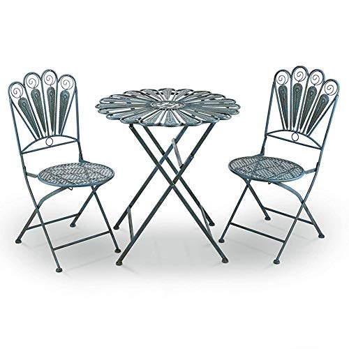 LONG-L Combinazione di Tavolo E Sedia da Giardino in Ferro Battuto 3 Pezzi Set|da Interno/Esterno Piuma di Pavone Tavoli Rotondi in Metallo Mobili da Bistrot Pieghevoli,Sedute da Giardino,Azzurro