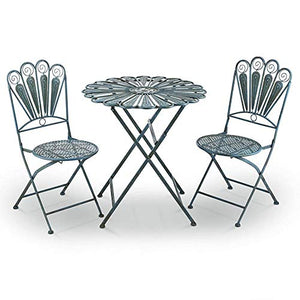LONG-L Combinazione di Tavolo E Sedia da Giardino in Ferro Battuto 3 Pezzi Set|da Interno/Esterno Piuma di Pavone Tavoli Rotondi in Metallo Mobili da Bistrot Pieghevoli,Sedute da Giardino,Azzurro