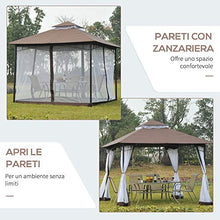 Outsunny Gazebo da Giardino 3x3m con Zanzariera, Tetto a 2 Livelli in Poliestere Struttura in Metallo Marrone
