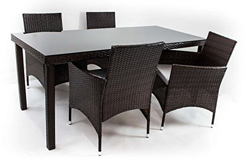 AVANTI TRENDSTORE - Arona - Set di mobili da giardino con 4 sedie e 1 tavolo, in polirattan colore marrone scuro e vetro nero, dimensioni LAP: sedia 60x84x62cm, tavolo 180x74x80cm