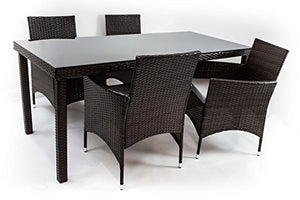 AVANTI TRENDSTORE - Arona - Set di mobili da giardino con 4 sedie e 1 tavolo, in polirattan colore marrone scuro e vetro nero, dimensioni LAP: sedia 60x84x62cm, tavolo 180x74x80cm